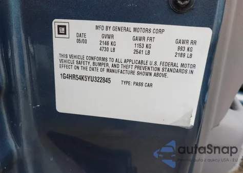 2000 Buick Lesabre Limited z USA, uszkodzony, nr VIN 1G4HR54K5YU322845